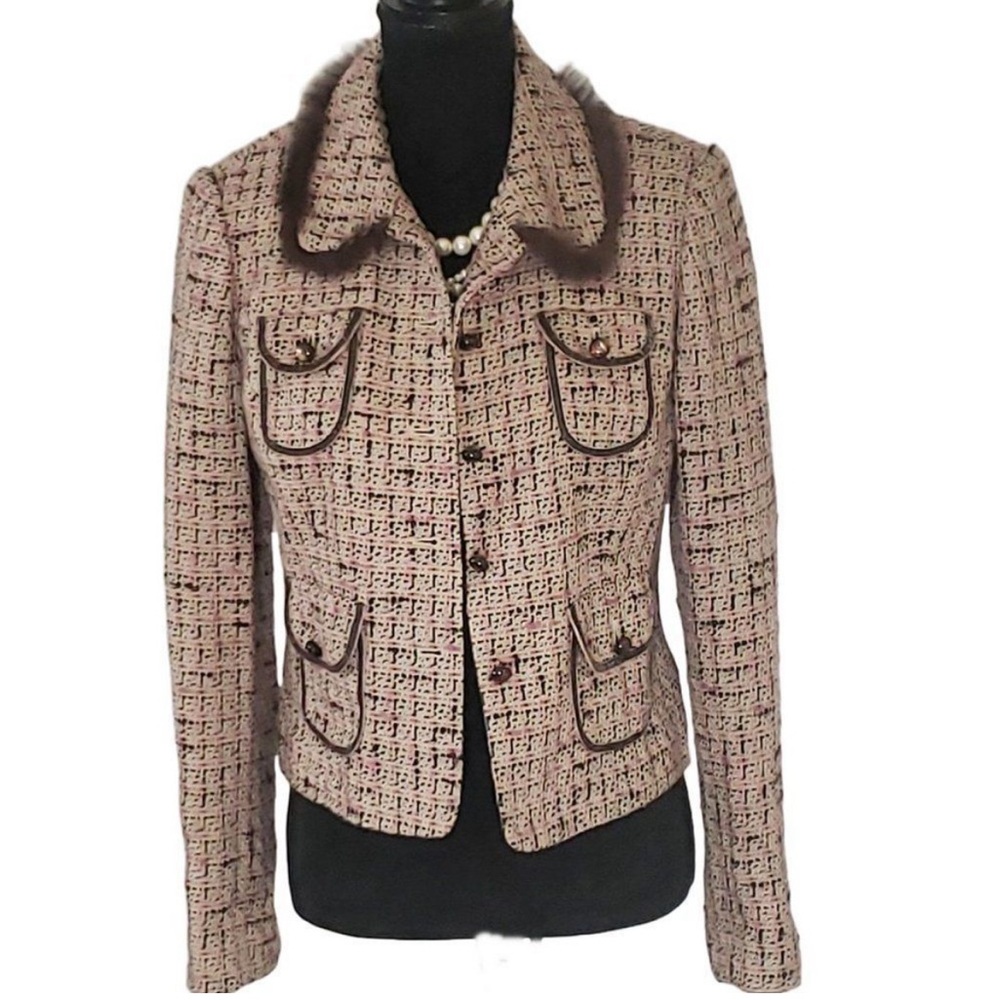 Tape Measure Women's Pink Tweed Lined Pockets Fur Blazer Jacket 8